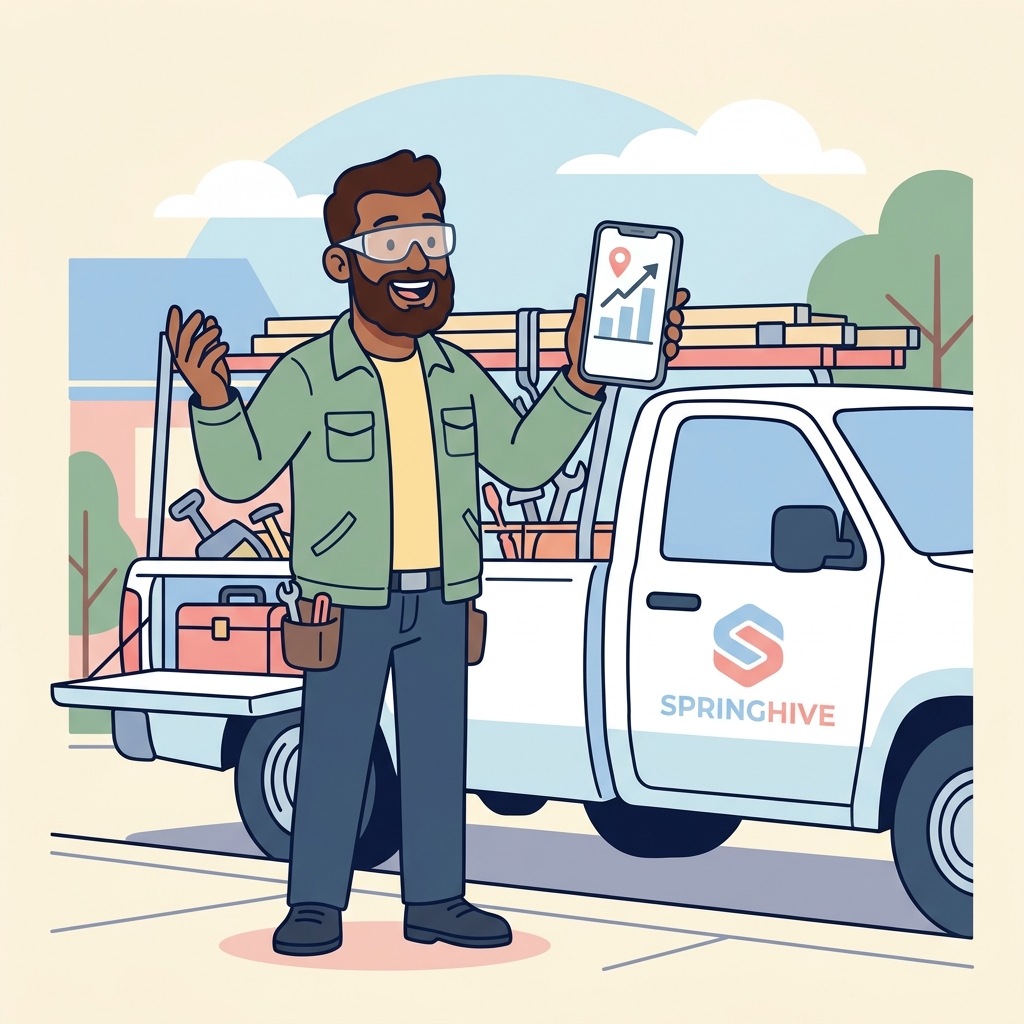 Contractor looking happy while holding a smartphone showing an upward trending graph and a map pin, standing next to a work truck