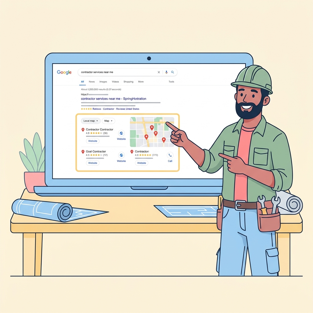 Contractor pointing at a laptop screen displaying a Google Search results page with a local map pack highlighted