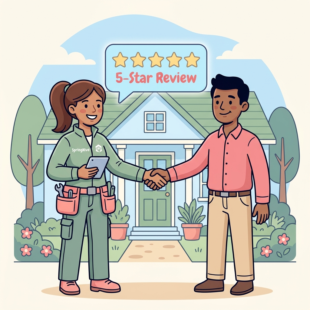 Contractor and homeowner shaking hands in front of a house, with a digital 5-star review bubble popping up